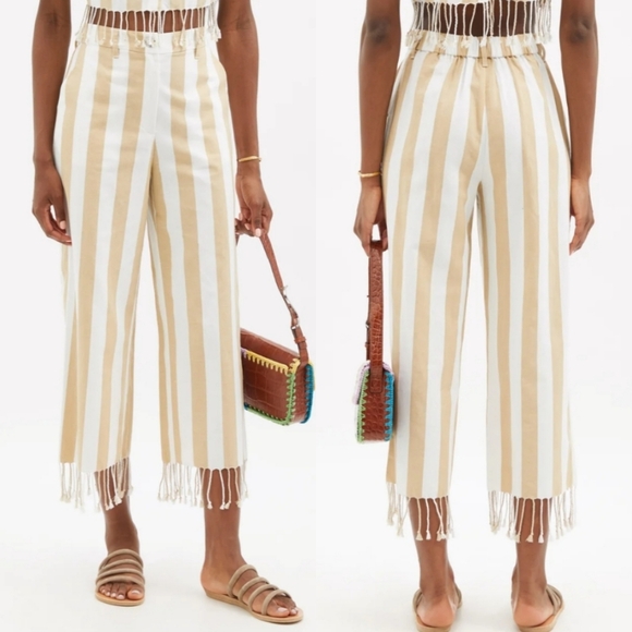 NWT STAUD Zuma Striped Linen Cotton Straight-Leg Fringe Trousers - Picture 3 of 10